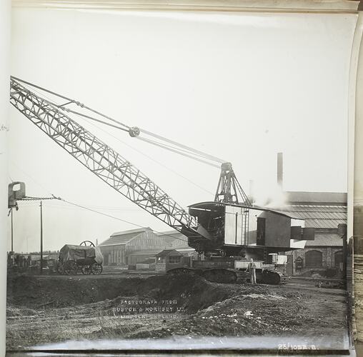 Monochrome photograph of a dragline excavator.