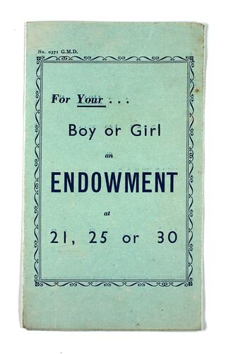 Green pamphlet cover with blue text