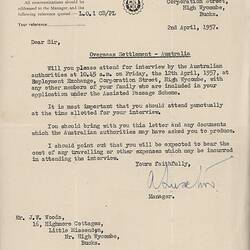 Letter - British Assisted Passage Scheme, John & Barbara Woods, Ministry of Labour & National Service, 2 Apr 1957