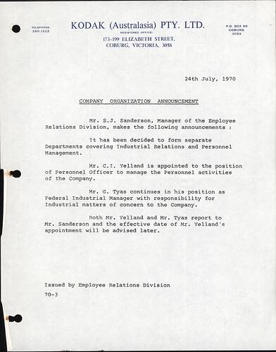 Typed letter on blue Kodak letterhead.