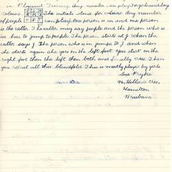 Document - Sue Pryke, to Dorothy Howard, Descriptions of 'Traffic Lights', 'Colours', 'Make A House' & Several Riddles, Oct 1954.