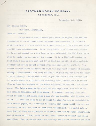 Letter - George Eastman to Thomas Baker, 01 Sep 1910