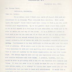 Letter - George Eastman to Thomas Baker, 01 Sep 1910