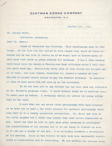 Letter - George Eastman to Thomas Baker, 01 Oct 1914