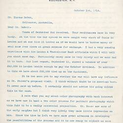 Letter - George Eastman to Thomas Baker, 01 Oct 1914