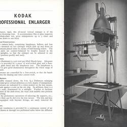 Opened booklet with text and photograph of enlarger.