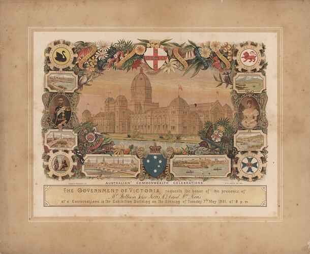 Invitation -  To Mr William John Ferris MLA  & Mrs Ferris, Conversazione, Australian Commonwealth Celebrations, Exhibition Building, Melbourne, 7 May 1901