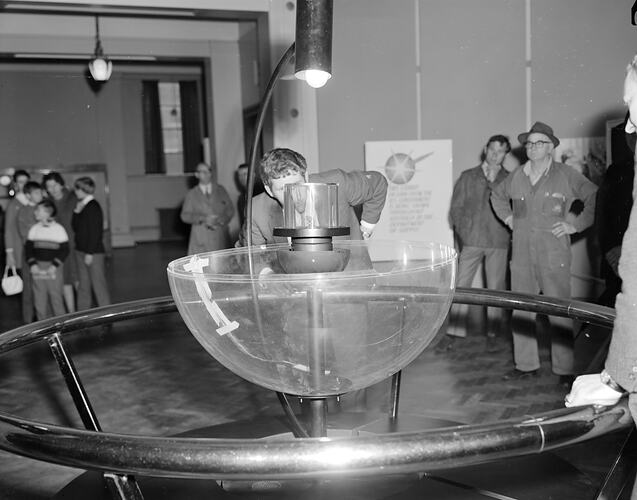 Moon rock on display in Swinburne Hall, Science Museum, Melbourne, 1970