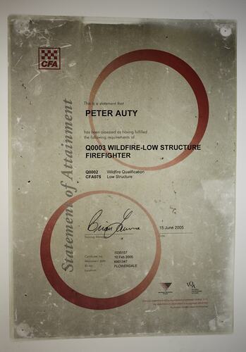 Certificate - CFA, 'Wildfire - Low Structure Firefighter', Peter Auty, Flowerdale, 15 Jun 2005