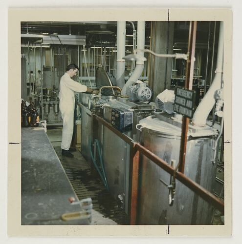 Slide 291, 'Extra Prints of Coburg Lecture', Worker Checking Tank, Building 20, Kodak Factory, Coburg, circa 1960s
