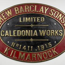 Locomotive Builders Plate - Andrew Barclay Sons & Co. Ltd., Caledonia Works, Kilmarnock, Scotland, 1915