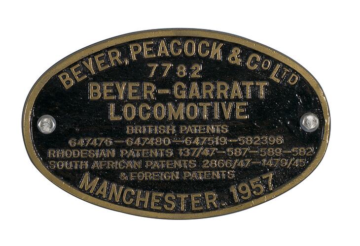Locomotive Builders Plate - Beyer Peacock & Co. Ltd., Manchester, England, 1957