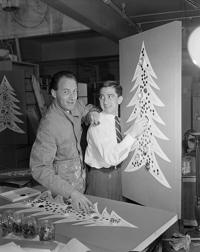 Mutual Store Ltd, Two Male Employees with Chirstmas Decorations, Melbourne, Victoria, Nov 1958