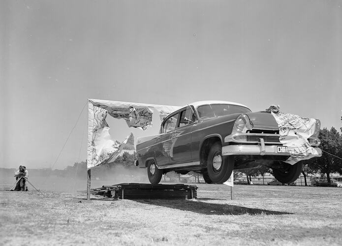 Cambridge Film & Television, Filming of a Stunt Car, Albert Park, Victoria, Jan 1959