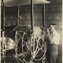Photograph - Basil Watson Fitting the Engine Mounting Frame to his Partially Constructed Biplane in the Family Home, Elsternwick, Victoria, 1916