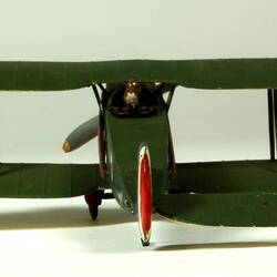 Dark green aeroplane model with red, white, blue circles. Back view.