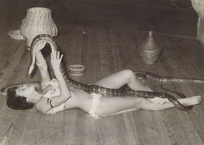 Bernice Kopple and Python on Floor, Australia, 1950s