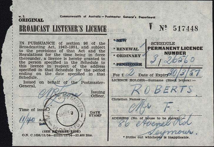 Broadcast Listener's Licence - Commonwealth of Australia, Postmaster General's Department, 28 Mar 1956
