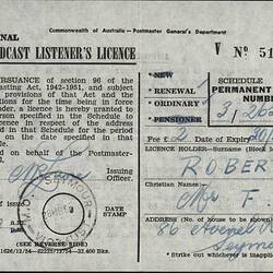 Broadcast Listener's Licence - Frederick & Amelia Roberts, Commonwealth of Australia, Postmaster General's Department, 28 Mar 1956