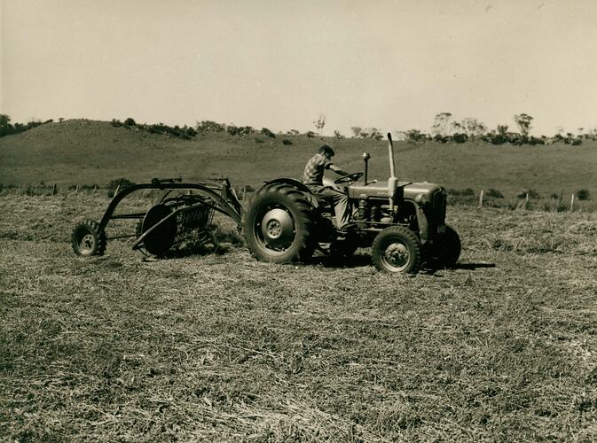 Man driving a tractor towing a side delivery hay rake in a field of cut hay.