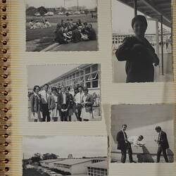 Off white photo album page with five black and white photographs.