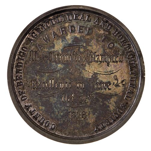 Medal - County of Bendigo Agricultural and Horticultural Society Silver Prize, 1878 AD