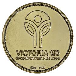 Round medal with logo of two single leaf stems supporting central inverted triangle. Text below.