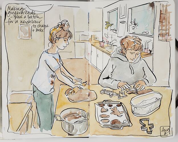 Sketch Of McGrath Family Baking At Home, During COVID-19, Barwon Heads, 8 Aug 2020