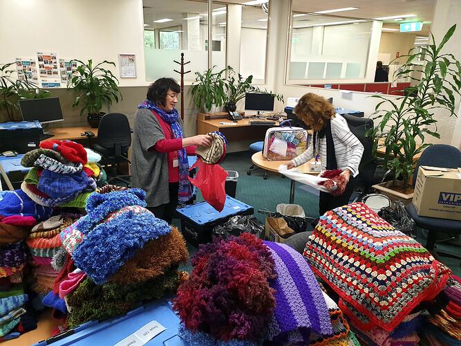 Maroondah City Council Staff Members Sorting Knitted Garments for Charity during COVID-19, Victoria, 22 July 2020