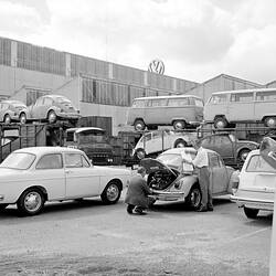 Negative - Inspecting & Loading Motor Cars at the Volkswagen Factory, Clayton, Victoria, 1971