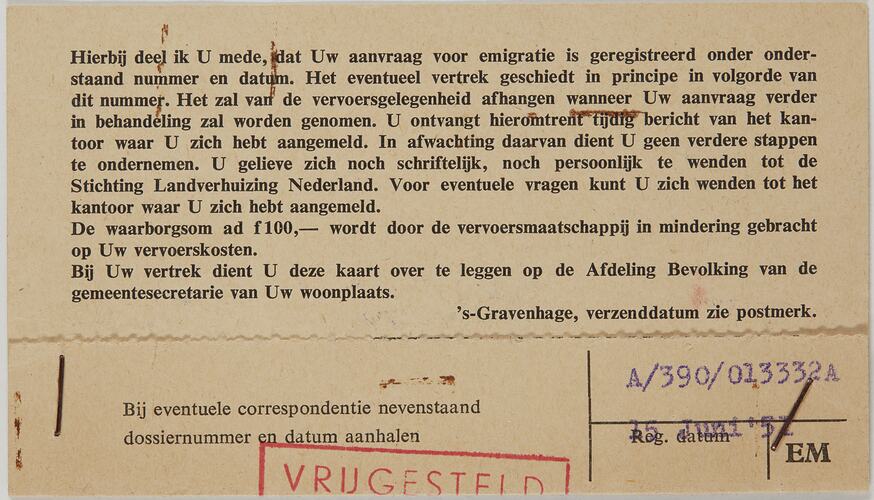 Cards - Payment Receipt, Dutch Relocation Foundation, The Netherlands To Theodorus Perdon, 15 Jun 1951