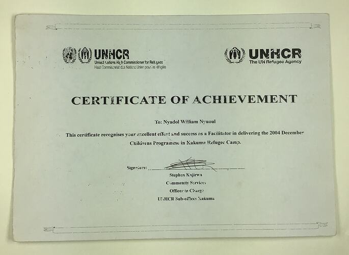 Achievement Certificate - UNHCR To Nyadol Nyuon, Children's Program, Kakuma Refugee Camp, Kenya, circa 2004