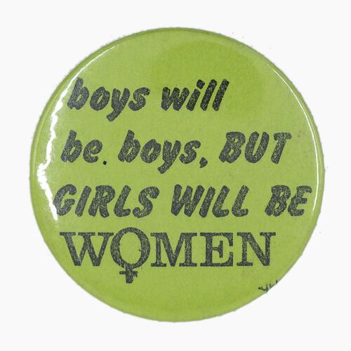 Round green badge with black text.