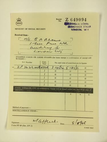 HT 54725, Receipt - Ministry of Social Security, London, England, 8 May 1968 (MIGRATION), Document, Registered