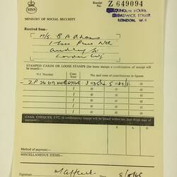 Receipt - Ministry of Social Security, London, England, 8 May 1968