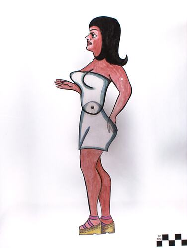 Two dimensional acrylic puppet of a woman with black hair wearing a white sleeveless top and skirt.
