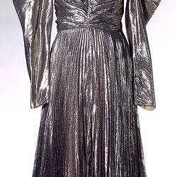 Dress - Prue Acton, Evening, Pleated Gold Lame, circa 1980-1990