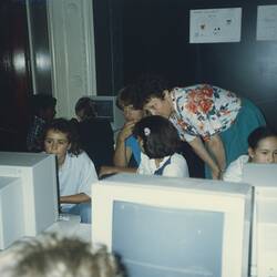 Digital Photograph - Marg Falshaw demonstrating Logo, Sunrise School, Melbourne Museum, Russell Street, 1989