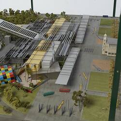 Model of Melbourne Museum, Royal Exhibition Building and Carlton Gardens. Detail of Melbourne Museum from east