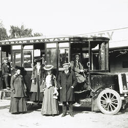 Negative - Group with Victorian Railways No.1 Steam Bus, Plenty Bridge Hotel, Victoria, circa 1905