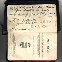 Bible - Old & New Testament, Presented to Sapper AGF Galbraith, circa 1915