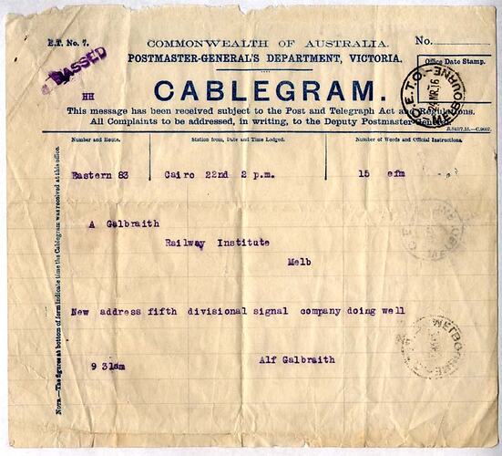 Commonwealth of Australia Cablegram
