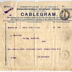 Telegram - Sapper Alfred Galbraith to A. Galbraith, Cairo, 22 Mar 1916