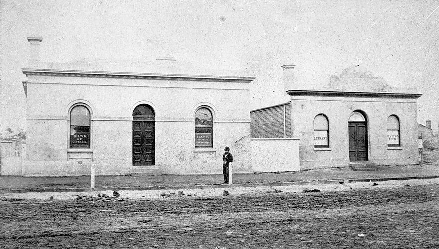 [The Casterton mechanics institute (on right), Henty Street, 1880.]