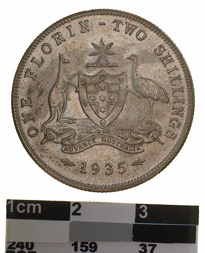 Coin - Florin (2 Shillings), Australia, 1935, photographed by Museums Victoria