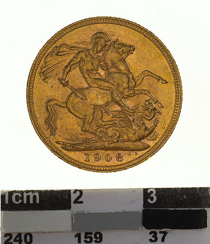 Coin - Sovereign, Victoria, Australia, 1908, photographed by Museums Victoria