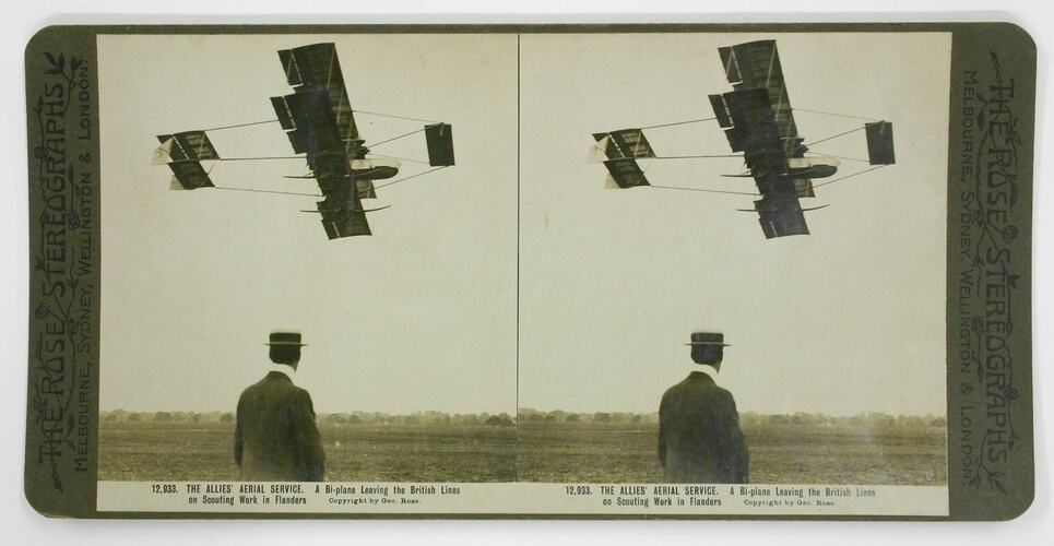 Rose Stereograph - 'The Allies' Aerial Service. Bi-plane Leaving the British Lines on Scouting Work in Flanders'