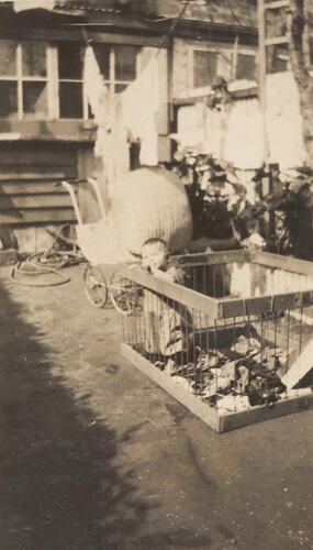 Digital Photograph - Baby in Play Pen in  Backyard, South Melbourne, 1933