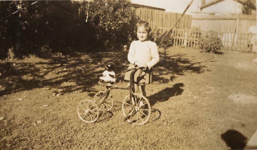 Digital Photograph - Girl with Doll & New Tricycle, Preston East, 1947