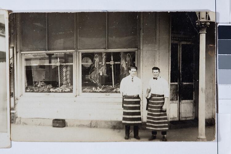 Digital Photograph - Owner, Assistant, & Window Display, Doolans Butcher Shop, Fitzroy, circa 1925